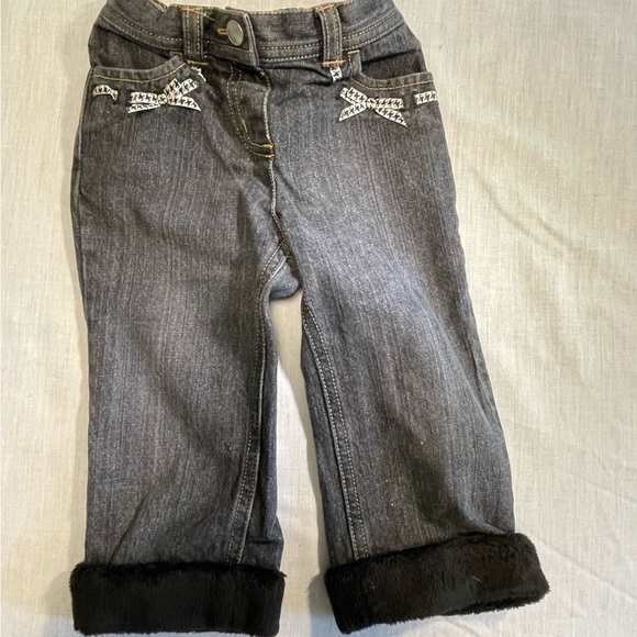 GYMBOREE Bow Puppy and Cat light black jeans with faux fur trim. 12-18 months. - Picture 1 of 6